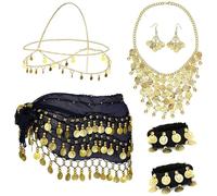 Vulevirtue 7 Pezzi Cintura Sciarpe di Danza Del Ventre,Gonna di Danza Del Ventre Cintura Avvolgente con Orecchini con Monete D'Oro, Collana, Braccialetti e Copricapo per Spettacoli Sul Palco