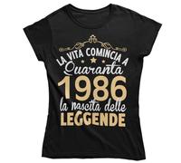 Vulfire Maglietta Donna 40 Anni Compleanno Idea Regalo Originale per Festa Quarantesimo, Nata nel 1986, La Vita Comincia a Quaranta, Nascita delle Leggende (IT, Testo, XS, Regular, Regular, Nero)