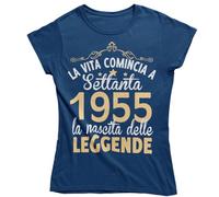 Vulfire Maglietta Donna Idea Regalo per Compleanno, 1955 La Vita Comincia a Settanta la Nascita delle Leggende, Festa dei 70 Anni (Blu, S)