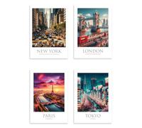 Vulfire Set di 4 Poster Città Iconiche New York Londra Parigi Tokyo Design Moderno da Parete, Idea Regalo, Arredamento Casa Ufficio Studio Stampa in Carta Glossy Premium (A4 (210 mm x 297 mm))