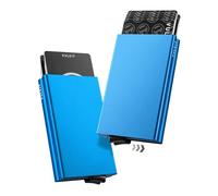 VULKIT ALPHA Portacarte di Credito da Uomo Anti RFID Portafoglio Metallo Custodia Doppio Automatico Porta Carte Credito Alluminio Rigido 10-14 Carte (Blu)