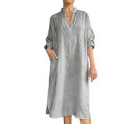 Vuncio Vestiti Donna Estiva Maniche Lunghe in Cotone E Lino Taglia Forte Abiti Donna Scollo a V Elegante Baggy Morbidi Glamour Vintage Larghi Casual Spiaggia Vacanza (Grey, M)