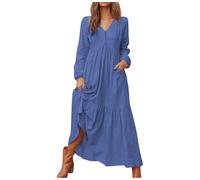 Vuncio Vestiti Donna Estiva Maniche Lunghe Lino E Cotone Taglia Forte Abiti Donna Scollo a V Baggy Elegante Morbidi Glamour Larghi Vintage Spiaggia Casual Vacanza (BU2, S)