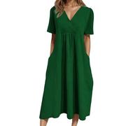 Vuncio Vestiti Donna Maniche Corte Estiva in Cotone E Lino Taglia Forte Abiti Donna Scollo a V Eleganti Baggy Morbidi Glamour Larghi Vintage Casual Spiaggia Vacanza (GN2, 3XL)