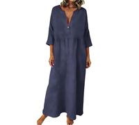 Vuncio Vestiti Estiva Donna Manica Lunga in Cotone E Lino Taglie Forti Abito Donna Scollo a V Baggy Elegante Morbidi Glamour Vintage Larghi Spiaggia Casual Vacanza (Navy, M)