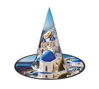 Vuoongt Santorini Cappello di Halloween con stampa vista mare isola greca versatile leggero accessori costume pieghevole cappello a punta