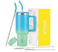 VUSIGN Bicchiere da 1,18 l, con manico e coperchio con cannuccia, in acciaio inox, isolato sottovuoto, da viaggio, per acqua, tè freddo, caffè, frullati, auto, blu-verde misto
