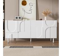 vutizal Credenza bianca a 4 ante con design geometrico e curve asimmetriche, armadietto moderno, 160 x 38,5 x 70 cm
