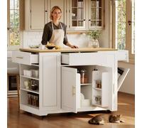 vutizal Isola della cucina, 120 x 50 x 92 cm, carrello da cucina mobile con scomparto per la spazzatura, 2 ante e 3 cassetti, ruote, ripiani regolabili, bianco