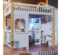 vutizal Letto a soppalco 140 x 200 cm, bianco naturale, scrivania a LED, finestra di sicurezza, camera dei fratelli, senza materasso