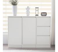 vutizal Mobile da corridoio sottile, profondità solo 35 cm, credenza con 2 ante e 3 cassetti, bianco, ribaltabile e regolabile in altezza, per soggiorno/cucina/corridoio, 90 x 120 x 35 cm