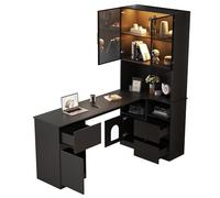 vutizal Scrivania angolare con vetrina e ripiano, 3 cassetti, colore nero | Vetrina a LED a 7 colori e scomparto per gatti: luce d'atmosfera, spazio più spazio per animali domestici, robusto MDF