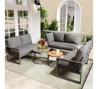 vutizal Set di mobili da giardino per esterni, terrazze e balconi, con schienale alto 86 cm e 2 tavoli (vetro effetto marmo/legno), braccioli intrecciati a mano, per 6-7 persone