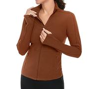 VUTRU Donna Giacca da corsa Collo alto Giacca sportiva leggera Manica lunga Camicia yoga Giacca fitness Giacca da allenamento traspirante con fori per i pollici e zip integrale Braun M