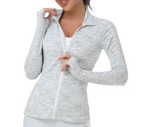 VUTRU Donna Giacca da corsa Collo alto Giacca sportiva leggera Manica lunga Camicia yoga Giacca fitness Giacca da allenamento traspirante con fori per i pollici e zip integrale Satinweiß M
