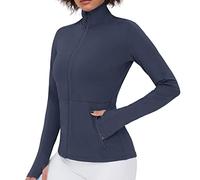 VUTRU Donna Giacca da corsa Collo alto Giacca sportiva leggera Manica lunga Camicia yoga Giacca fitness Giacca da allenamento traspirante con fori per i pollici e zip integrale Blau Dunkel XL