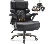 VUZI Big and Tall - Sedia da ufficio moderna in pelle nera, con supporto lombare regolabile, braccioli ribaltabili 3D, ruote per taglie forti, base in metallo resistente, seduta spessa e imbottita
