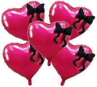 Vuzvuv Palloncini a forma di cuore rosso e rosa da 55 cm, con fiocco nero, per compleanno, San Valentino, matrimonio, addio al nubilato, anniversario, festa di fidanzamento (5 pezzi)