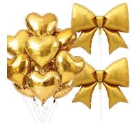 Vuzvuv Set di palloncini a forma di cuore dorati, 15 palloncini a forma di cuore in lamina da 45 cm e 2 enormi palloncini con fiocco da 96 cm, per compleanno, matrimonio, anniversario, San Valentino