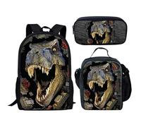 VVCPVDXCI 3pcs Bambini Ragazzi Ragazze Zaino Cartella Simpatico Dinosauro 3D Stampato Studente Scuola Borse Animali Adolescenti Ragazzi Ragazze Libro Borsa, Nero , M