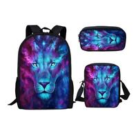 VVCPVDXCI Zaino da scuola con stampa 3D con leone colorato per ragazzo ragazza con motivo animale, 3 pezzi, zaino per adolescenti con astuccio per il pranzo, Nero , M