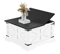 VVFLU Tavolino da caffè con contenitore, quadrato centrale per soggiorno, rustico, con cerniera e chiusura ammortizzata, in legno, grande spazio nascosto, moderno, angoli in metallo, bianco nero