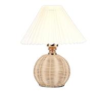 Vvikizy Lampada da Tavolo Plissettata, Lampada da Comodino a Luce Gialla Morbida con Paralume in Lino Base in Rattan per Comodino Camera da Letto (Beige)