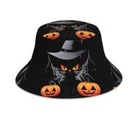 VVXBHGR Cappello da pescatore riflettente double-face con stampa di zucca, gatto, elfo, pieghevole, per spiaggia, campeggio, nero