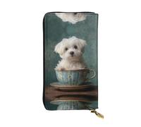 VVXBHGR Portafoglio lungo in pelle con stampa di cagnolino bianco in tazza da tè comodo e leggero chiusura con cerniera per riporre monete e carte di credito.