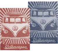 BRISA VW Collection - Volkswagen set di due strofinacci da cucina, senza pelucchi, 60% lino e 40% cotone, Camper T1 Bus design (Rosso & Blu/70 x 50cm)