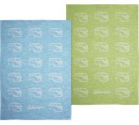 BRISA VW Collection - Volkswagen set di due strofinacci da cucina, senza pelucchi, 60% lino e 40% cotone, Camper T1 Bus design (Verde & Azzurro/70 x 50cm)