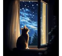 VwrxnchCoatx 11Ct Kit Punto A Croce Timbrato Fai-Da-Te Ricamo Linea Completa Di Kit Iniziali Per Ricamo Prestampato Per Principianti - Gatto Che Si Gode La Vista Notturna Dalla Finestra 40Cm*50Cm