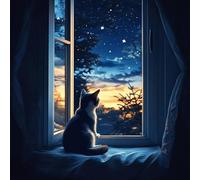 VwrxnchCoatx 11Ct Kit Punto A Croce Timbrato Fai-Da-Te Ricamo Linea Completa Di Kit Iniziali Per Ricamo Prestampato Per Principianti - Gatto Che Si Gode La Vista Notturna Dalla Finestra 40Cm*50Cm