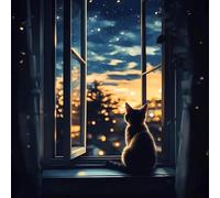 VwrxnchCoatx 11Ct Kit Punto A Croce Timbrato Fai-Da-Te Ricamo Linea Completa Di Kit Iniziali Per Ricamo Prestampato Per Principianti - Gatto Che Si Gode La Vista Notturna Dalla Finestra 40Cm*50Cm