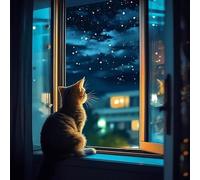 VwrxnchCoatx 11Ct Kit Punto A Croce Timbrato Fai-Da-Te Ricamo Linea Completa Di Kit Iniziali Per Ricamo Prestampato Per Principianti - Gatto Che Si Gode La Vista Notturna Dalla Finestra 40Cm*50Cm