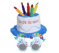 Vxcvzv 1 set di cappello e occhiali di buon compleanno cappelli di peluche unisex per adulti, perfetti come bomboniere accessori per costumi - torta e 5 candele multicolore blu