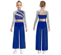 Vxuxlje Bambine Ragazze Top Corto E Pantaloni Chiffon A Zampa 2 Pezzi Abbigliamento Danza Jazz Latino Costumi Danza Contemporanea Blu 5-6 anni