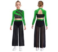 Vxuxlje Bambine Ragazze Top Corto E Pantaloni Chiffon A Zampa 2 Pezzi Abbigliamento Danza Jazz Latino Costumi Danza Contemporanea Verde 5-6 anni