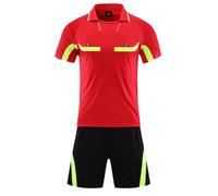 Vxuxlje Maglia Arbitro Uomo Colletto Rovesciato Maniche Corte Maglia Arbitro Calcio Completo E Pantaloncini Con Tasche Rosso XXL