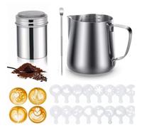 Vyanveo 350ml / 12 Oz Bricco Latte Acciaio Inox Lattiera Latte Art Professionale con Segno di Misurazione + Ago per Decorazione + Dispenser per Polveri + Stencil con Disegni per Cappuccino ed Espresso
