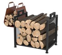 VyGrow Log Store - Supporto per legna da ardere per interni, resistente, 44 cm, in metallo e legno, con supporto in pelle, piccolo supporto per legna da ardere per camino, patio, terrazza, nero