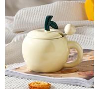 Vyloky Apple-Shaped Ceramic Mugs with Spoons and Lids - Green/Mint Green/Red/Beige | Elegante Coffee & Tea Cup for Home Use & Holiday Gifting (Beige)