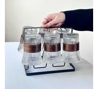 Vyloky Tazza di protezione dal calore da 300 ml con anello di bambù - Bicchiere retrò a coste lunghe per caffè/tè freddo/bevande fredde, tazza da dessert a bocca larga (6 pezzi con porta bicchiere)