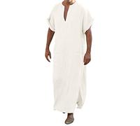 VYLYNL Camicia da uomo Kaftan in cotone e lino, vestibilità slim, a maniche corte, indumento musulmano, con scollo a V, tunica medievale, abito del deserto, tinta unita, maniche lunghe, thobe