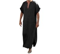 VYLYNL Camicie da uomo Kaftan in cotone e lino, vestibilità slim, a maniche corte, indumento musulmano, abito arabo, costume medievale, tunica da deserto, scollo a V, vestito lungo a maniche lunghe