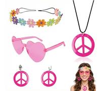 VYNZOR 4 pezzi Hippy Abito Retrò, Stile Retrò Anni 60 Anni 70, Accessori 70 - Abito Hippy Donna, Set da Hippy, Occhiali da Festa, Orecchini, Fascia con Girasole, Collana con Segno di