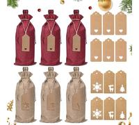 VYNZOR Set 6 Sacchetti Juta Natale per Bottiglie di Vino (3 Rossi + 3 Naturali) con 12 Etichette Kraft a Cuore e Motivi Natalizi + 12 Corde - Sacchetti Regalo Vino per Natale, Feste e Tavola