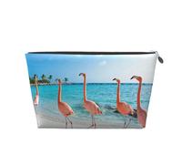 Vyonne Beauty case da viaggio in pelle con fenicottero rosa sulla spiaggia, resistente astuccio per cosmetici e articoli da toeletta, Argento, Taglia unica