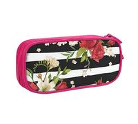 VYONNE Custodia per scuola Forniture per ufficio Nero Strisce Bianche Fiori di Rosa Rossa Grande Capacità Astuccio per Penna Grande Capacità Astuccio per Studenti Cancelleria Matita Scrivania con