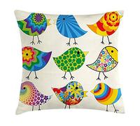 VYPHN Birds Throw Pillow Cushion Cover, Abstract Patterned Funky Birds Colorful Designs Flowers Dots Lines Circles Animal Fun, Decorative Square Accent Pillow Case, 18 X 18 Inches